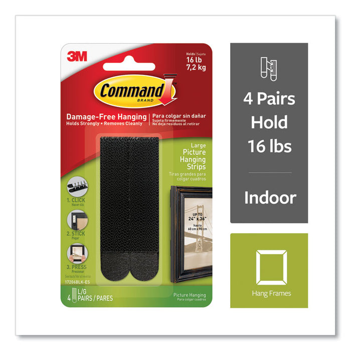 Damage-Free Hanging Picture Hanging Strip Pairs, Holds Up to 3.75 lb, Large: 0.75" x 3.65", Black, 4/Pack