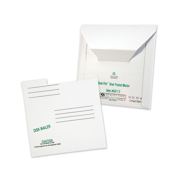Redi-File Disk Pocket/Mailer for CDs/DVDs, Square Flap, Tuck-Tab Closure, 6 x 5.88, White, 10/Pack
