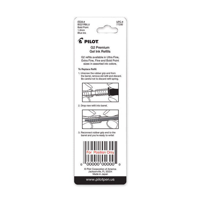 Refill for Pilot G2 Gel Ink Pens, Bold Conical Tip, Blue Ink, 2/Pack