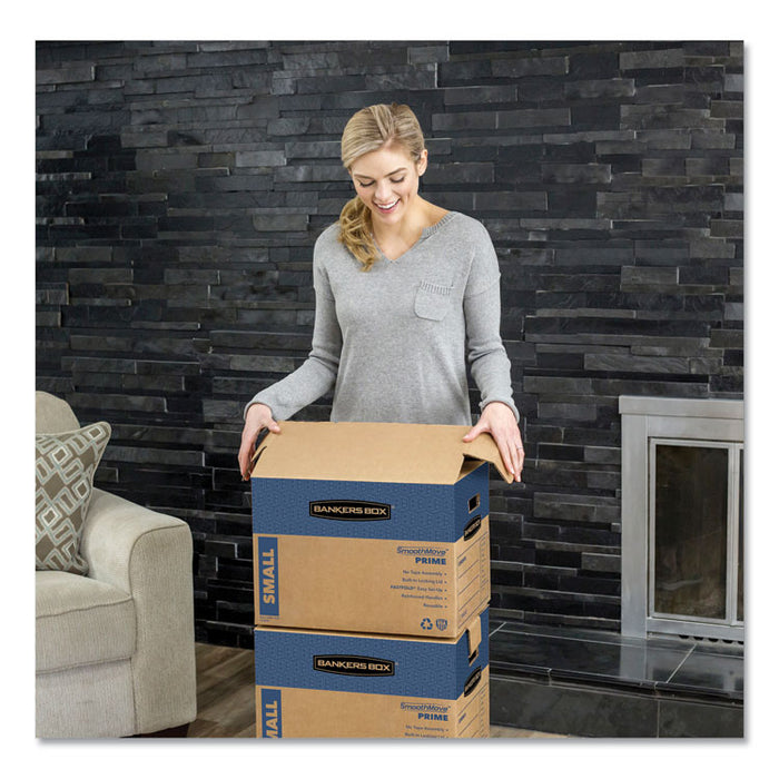 SmoothMove Prime Moving/Storage Boxes, Hinged Lid, Regular Slotted Container, Small, 12" x 16" x 12", Brown/Blue, 10/Carton