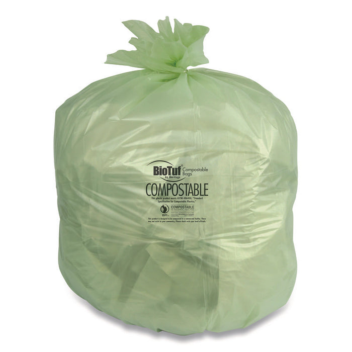 Biotuf Compostable Can Liners, 45 gal, 0.9 mil, 40" x 46", Green, 25 Bags/Roll, 5 Rolls/Carton