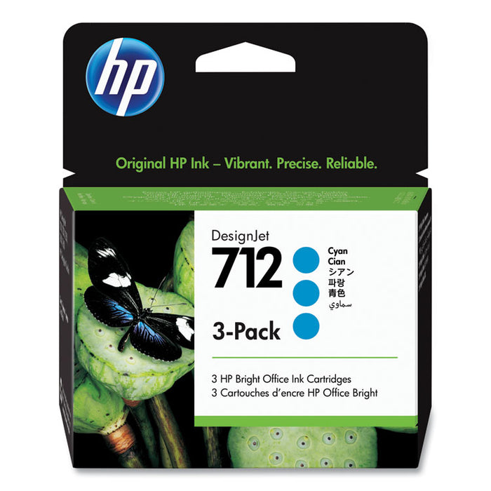 HP 712 (3ED77ACT) Cyan Original DesignJet Ink Cartridge, 3/Pack, 24 Packs/Carton