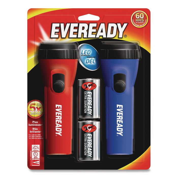 LED Economy Flashlight, 2 D Batteries (Included), Red/Blue, 2/Pack