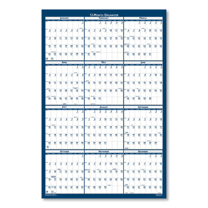 Recycled Poster Style Reversible/Erasable Yearly Wall Calendar, 32 x 48, White/Blue/Gray Sheets, 12-Month (Jan to Dec): 2026