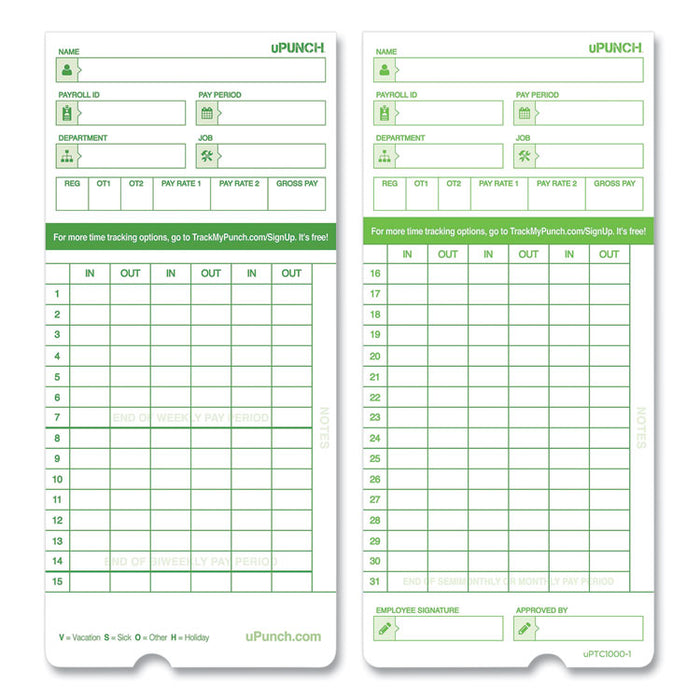 Time Clock Cards for uPunch HN3000, Two Sides, 7.37 x 3.37, 50/Pack