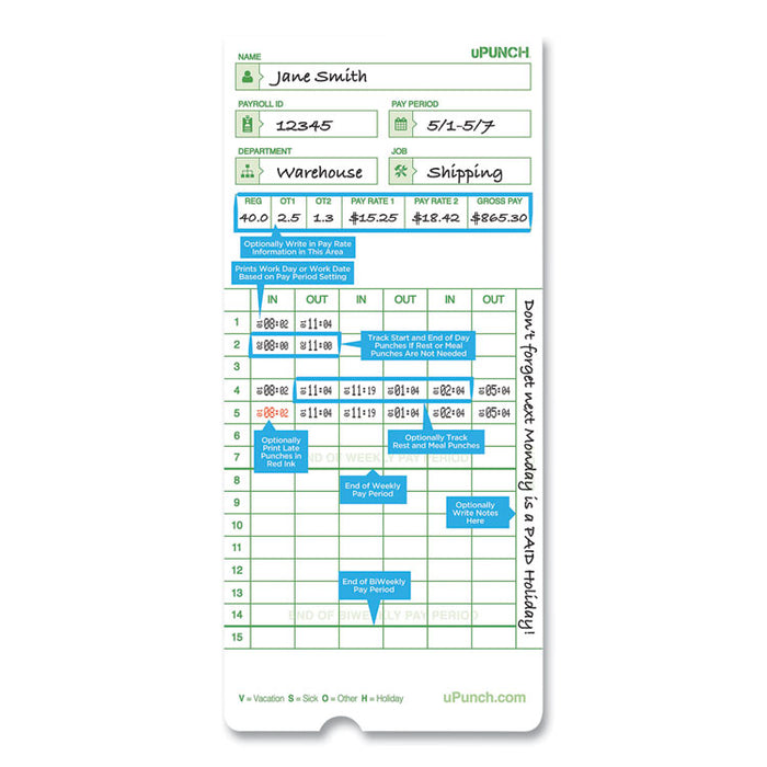 Time Clock Cards for uPunch HN3000, Two Sides, 7.37 x 3.37, 50/Pack