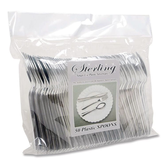 Sterling Heavy-Duty Plastic Cutlery, Spoon, Silver, 50/Pack