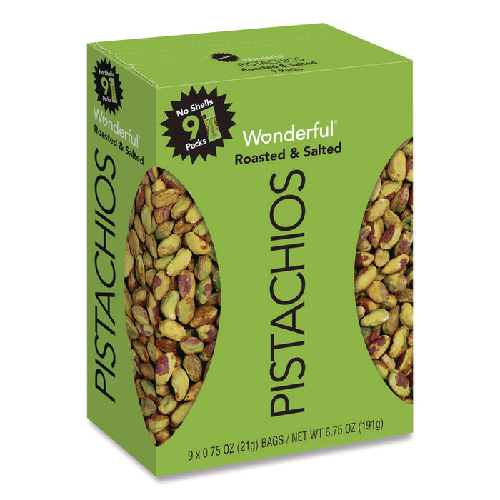 Wonderful No Shells Pistachios, Roasted and Salted, 0.75 oz Bag, 9 Bags/Box, 4 Boxes/Carton