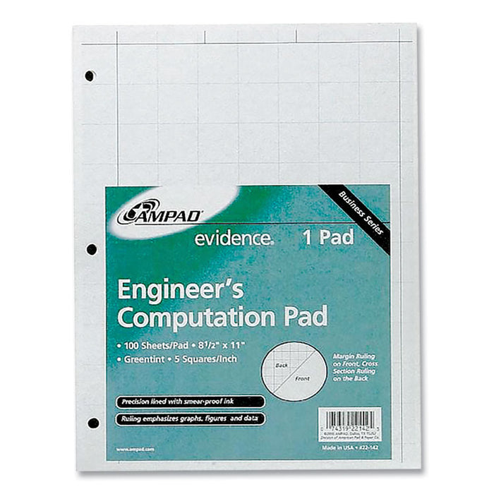 Evidence Engineer's Computation Pad, Quadrille Rule (5 sq/in, 1 sq/in), (100) Green-Tint 8.5 x 11 Sheets