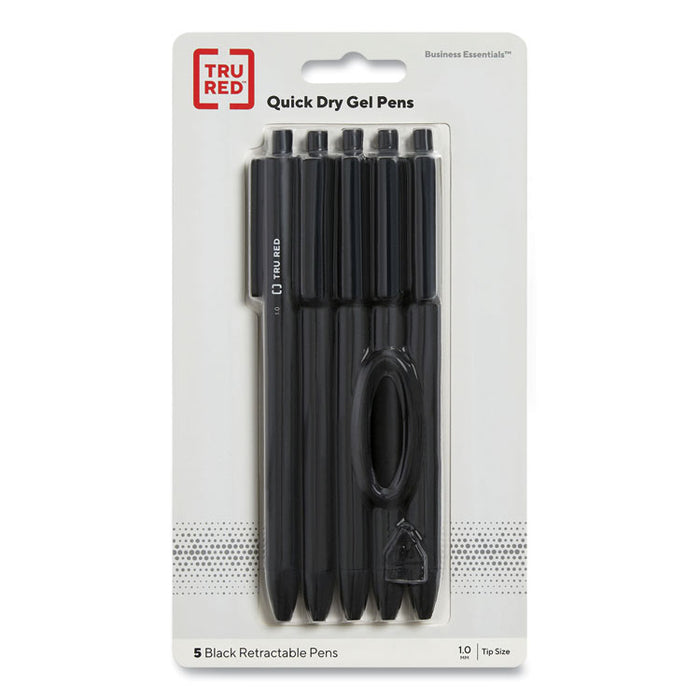 Quick Dry Gel Pen, Retractable, Bold 1 mm, Black Ink, Black Barrel, 5/Pack