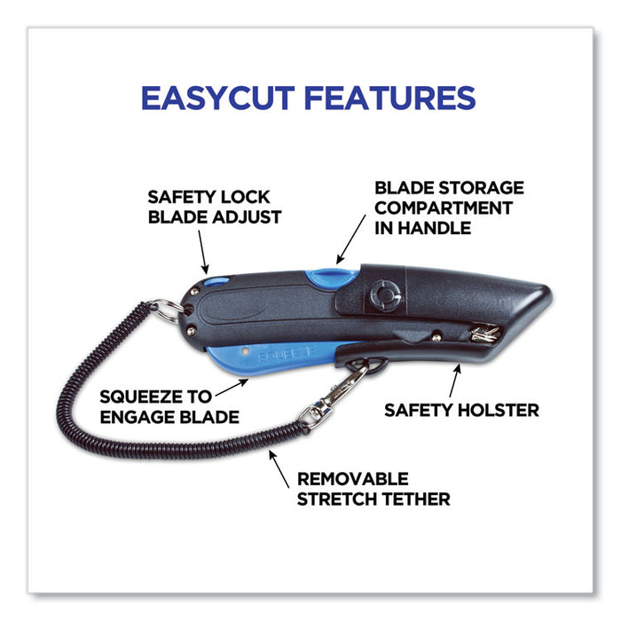 Easycut Self-Retracting Cutter with Safety-Tip Blade, Holster and Lanyard, 6" Plastic Handle, Black/Blue