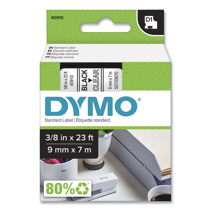 D1 High-Performance Polyester Removable Label Tape, 0.37" x 23 ft, Black on Clear