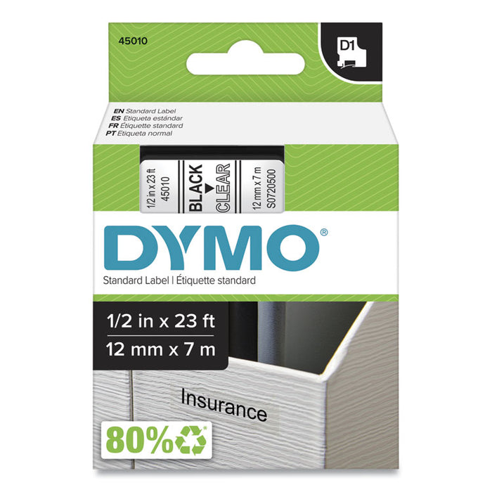 D1 High-Performance Polyester Removable Label Tape, 0.5" x 23 ft, Black on Clear