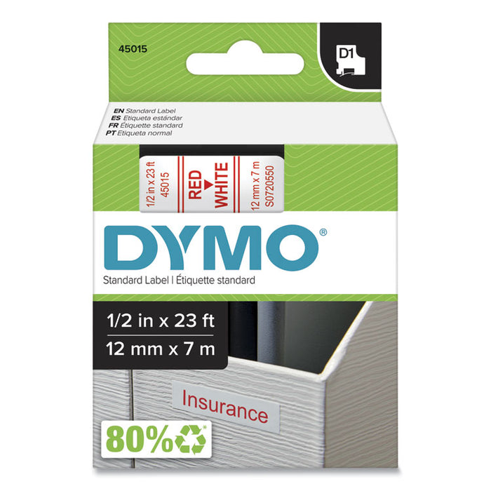 D1 High-Performance Polyester Removable Label Tape, 0.5" x 23 ft, Red on White