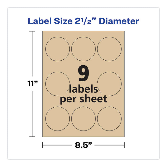 Round Brown Kraft Print-to-the-Edge Labels, 2.5" dia, 225/PK