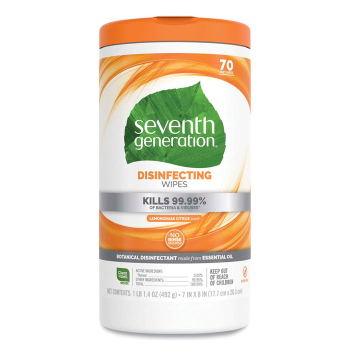 Botanical Disinfecting Wipes, 7 x 8, Lemongrass Citrus, 70 Count, 6/Carton