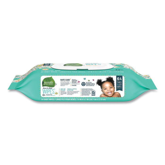 Free and Clear Baby Wipes, 7 x 7, Unscented, White, 64/Flip Top Pack, 12 Packs/Carton