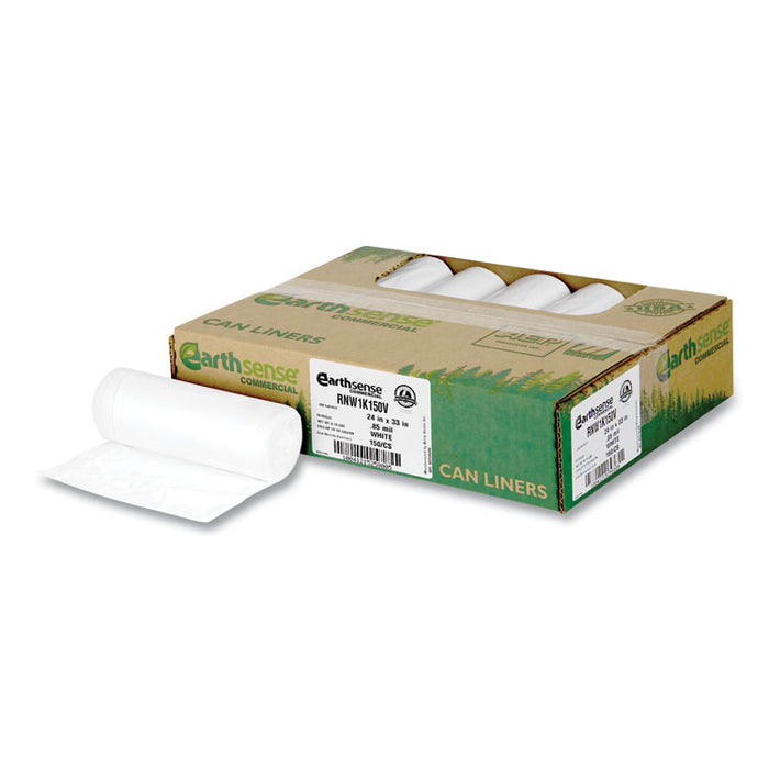 Linear-Low-Density Recycled Tall Kitchen Bags, Open-Face, 13 gal, 24" x 33", White, 15 Bags/Roll, 10 Rolls/Box