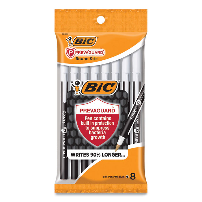 PrevaGuard Round Stic Ballpoint Pen, Stick, Medium 1 mm, Black Ink, Black Barrel, 8/Pack