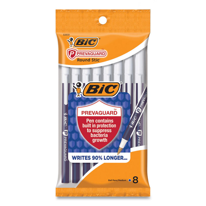 PrevaGuard Round Stic Ballpoint Pen, Stick, Medium 1 mm, Blue Ink, Blue Barrel, 8/Pack