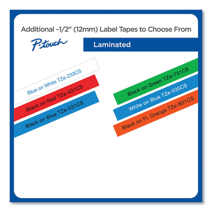 TZe Laminated Removable Label Tapes, 0.47" x 26.2 ft, Black on Blue