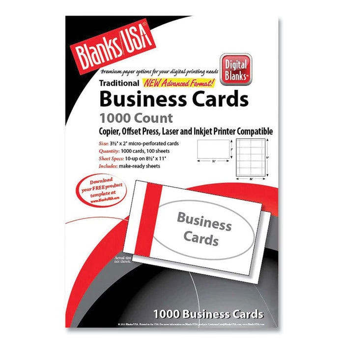 Printable Microperforated Business Cards, Copier/Inkjet/Laser/Offset, 2 x 3.5, White, 10/Sheet, 100 Sheets/Pack