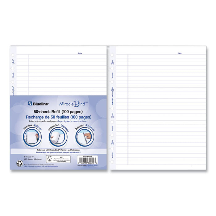 Ruled Paper Refill Sheets for all MiracleBind Notebooks and Planners, 9.25 x 7.25, White/Blue Sheets, Undated, 50/Pack