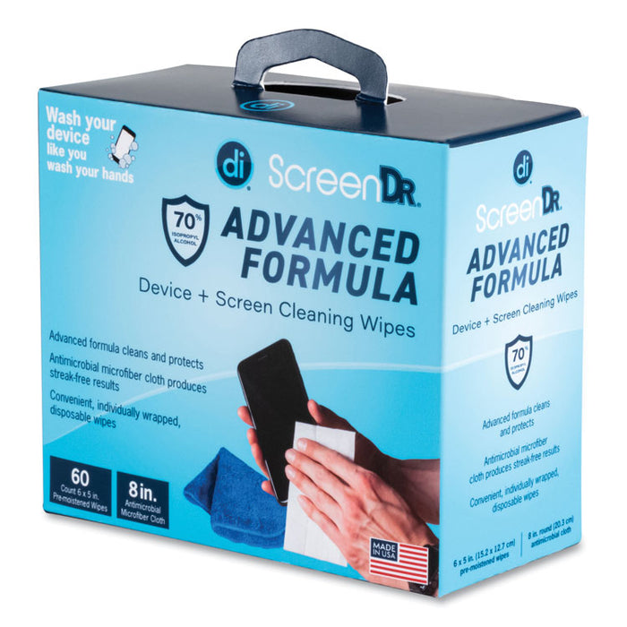 ScreenDr Device and Screen Cleaning Wipes, Includes 60 Individually Wrapped Wipes and 8" Microfiber Cloth, 6 x 5, White