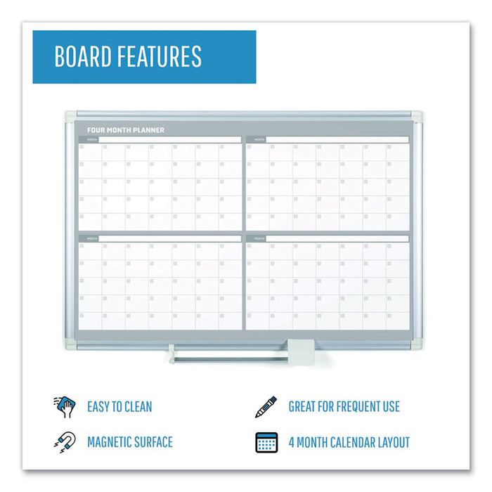 Magnetic Dry Erase Calendar Board, Four-Month Planning/Scheduling, 48" x 36", White Surface, Satin Aluminum Frame