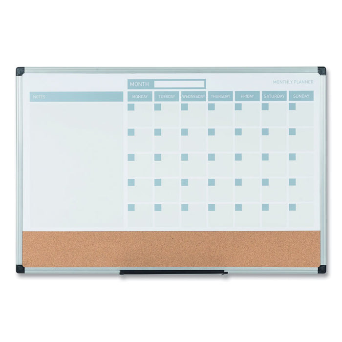3-in-1 Planner Board, Monthly Planning/Scheduling Calendar, 24" x 18", Tan/White/Blue Surface, Satin Aluminum Frame