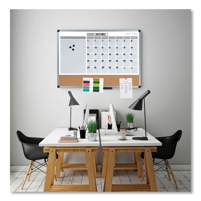 3-in-1 Planner Board, Monthly Planning/Scheduling Calendar, 24" x 18", Tan/White/Blue Surface, Satin Aluminum Frame