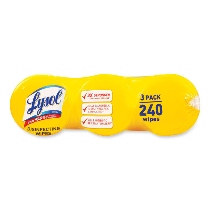 Disinfecting Wipes, 1-Ply, 7 x 7.25, Lemon and Lime Blossom, White, 80 Wipes/Canister, 3 Canisters/Pack