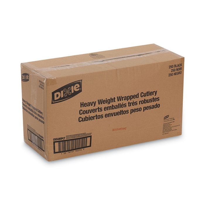Wrapped Tableware/Napkin Packets, Mediumweight, Fork/Knife/Napkin/Spoon, Plastic, Black, 250/Carton
