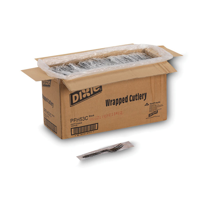 Individually Wrapped Heavyweight Forks, 6.88", Plastic, Black, 1,000/Carton