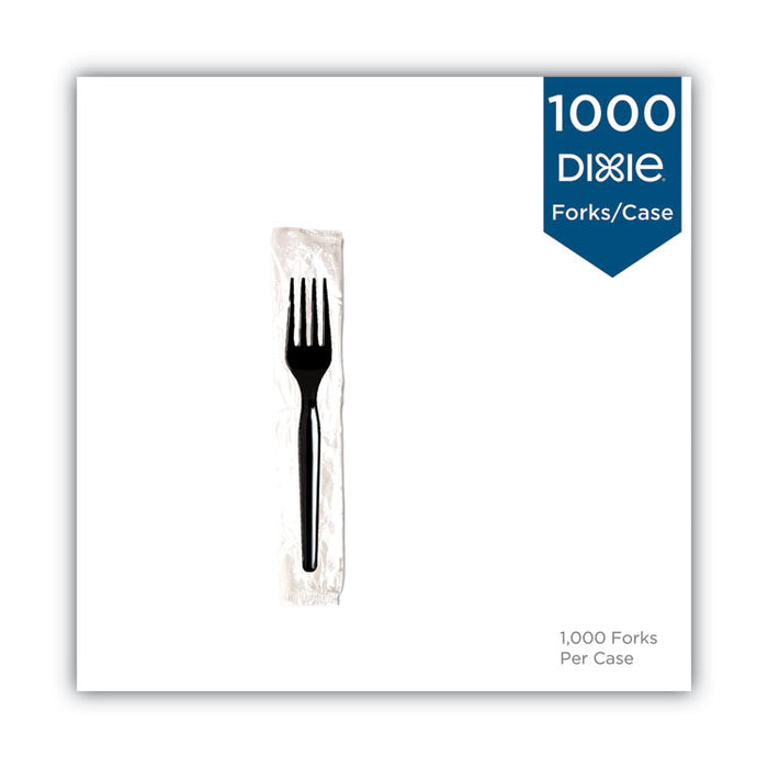 Individually Wrapped Mediumweight Polystyrene Cutlery, Fork, Plastic, Black, 1,000/Carton