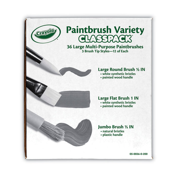 Large Variety Paint Brush Classpack, Natural; Nylon Bristles, Flat; Round Profiles, 36/Set
