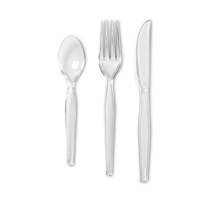 Cutlery Keeper Tray with Clear Plastic Utensils, Heavyweight, Fork/Knife/Spoon, Plastic, Crystal Clear, 1,800/Carton