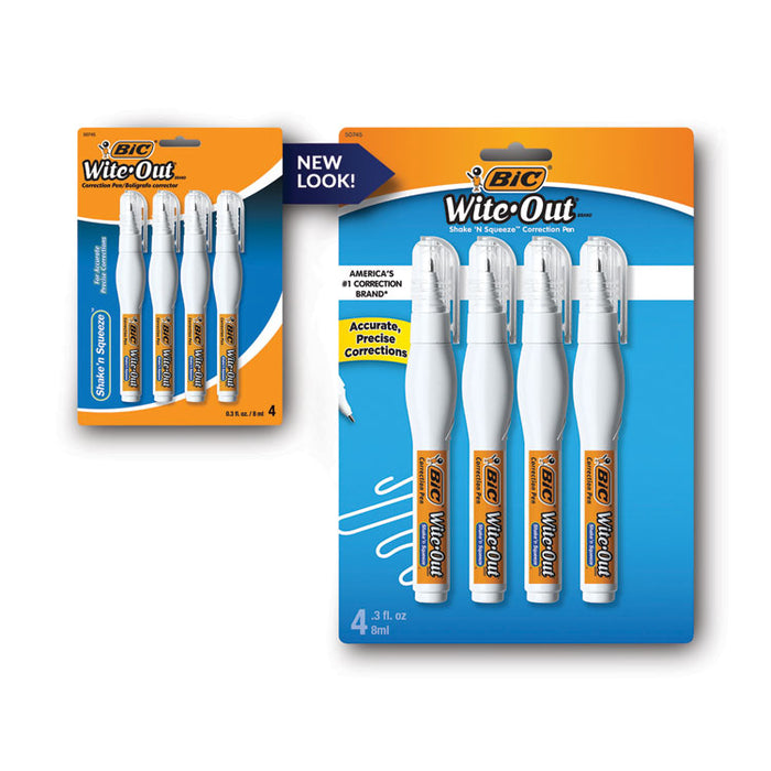 Wite-Out Shake 'n Squeeze Correction Pen, Needle Tip, 0.27 oz, White, 4/Pack