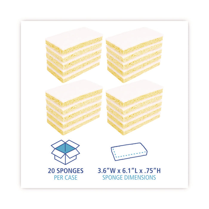 Light-Duty Scrubbing Sponge, Individually Wrapped, 3.6 x 6.1, 0.7" Thick, Yellow/White, 20/Carton