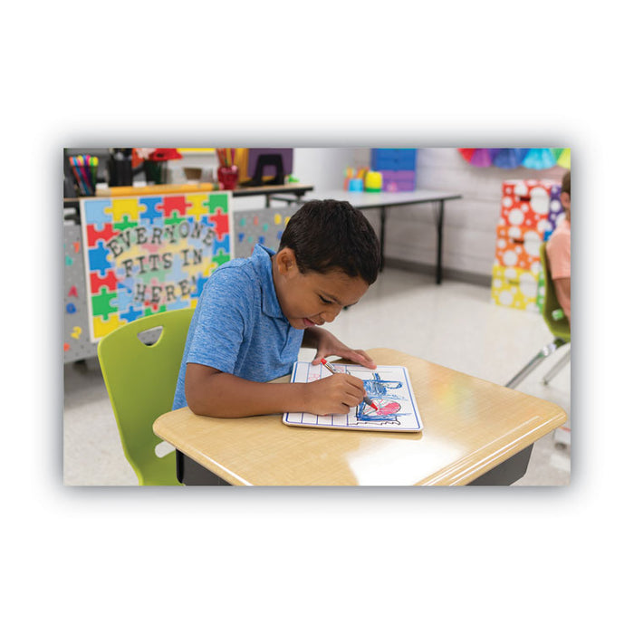 Dry Erase Student Boards, Ruled for Handwriting Practice, 12" x 9", Blue/White Surface, 10/Set