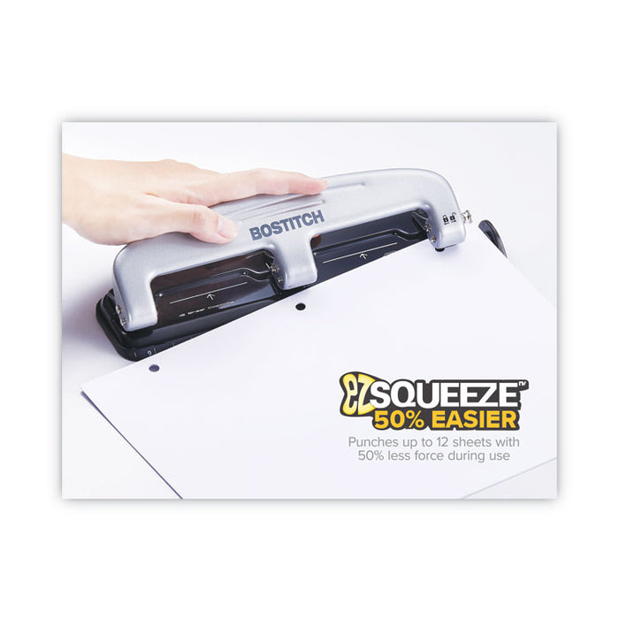 12-Sheet EZ Squeeze Three-Hole Punch, 9/32" Holes, Black/Silver