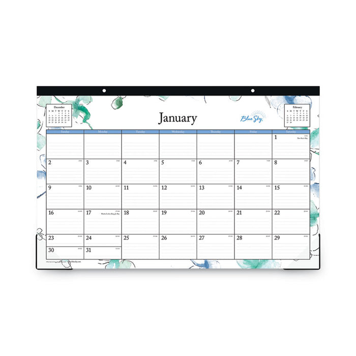 Lindley Desk Pad, Floral Artwork, 17 x 11, White/Blue/Green Sheets, Black Binding, Clear Corners, 12-Month (Jan to Dec): 2026