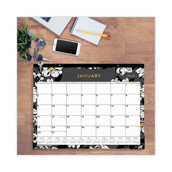 Baccara Dark Desk Pad, Floral Artwork, 22 x 17, White/Black/Gold Sheets, Black Binding, 12-Month (Jan to Dec): 2026