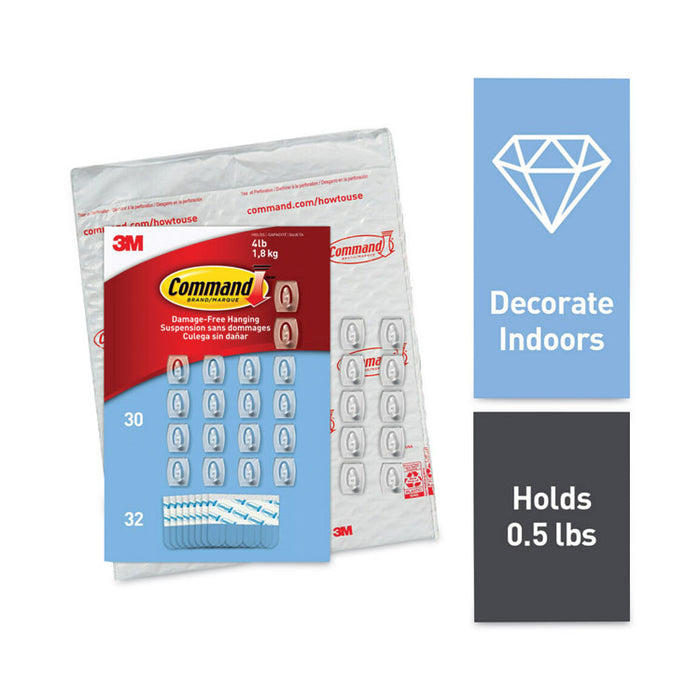 Mini Hooks, Plastic, Clear, Supports 0.5 lb, 30/Pack