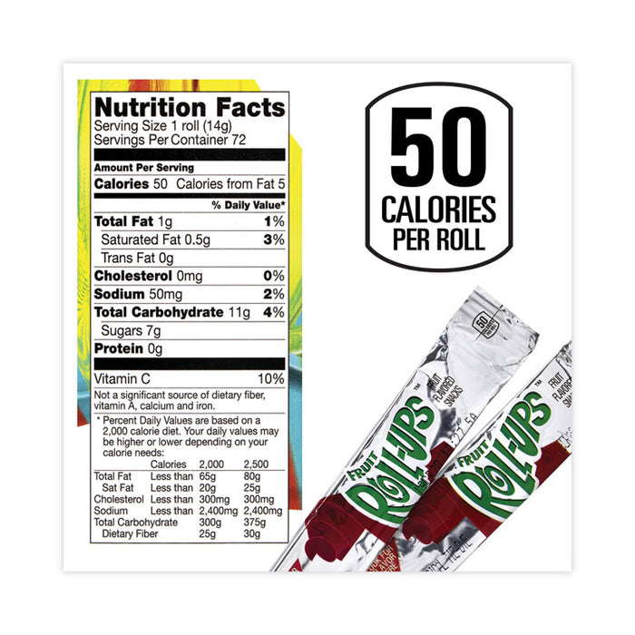 Fruit Roll-Ups Fruit Snacks, Strawberry and Tropical Tie-Dye Flavors, 0.5 oz, 72 Pouches/Carton