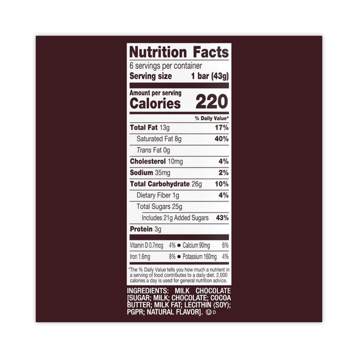Milk Chocolate Bar, 1.55 oz Bar, 6 Bars/Pack, 2 Packs/Box