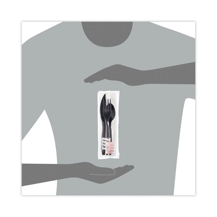 Reliance Mediumweight Cutlery Kit, Fork/Knife/Napkin/Pepper/Salt/Spoon, Plastic, Black, 250/Carton