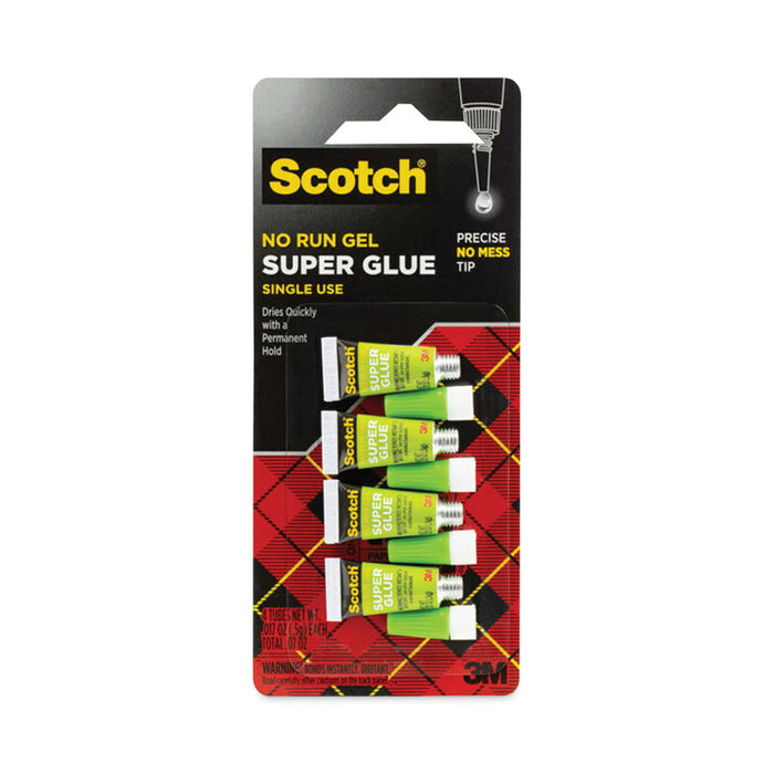 Single Use Super Glue No-Run Gel, 0.02 oz, Dries Clear, 4/Pack