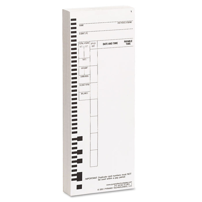 Time Clock Cards for Pyramid Technologies 4000, One Side, 3.5 x 8.5, 100/Pack