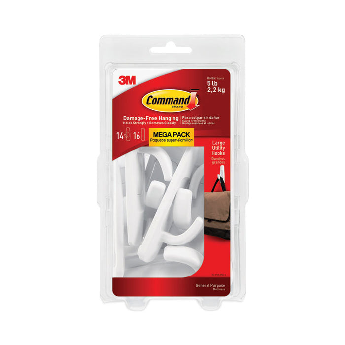 Large Utility Hooks, Plastic, White, Supports 5 lb, 14/Pack